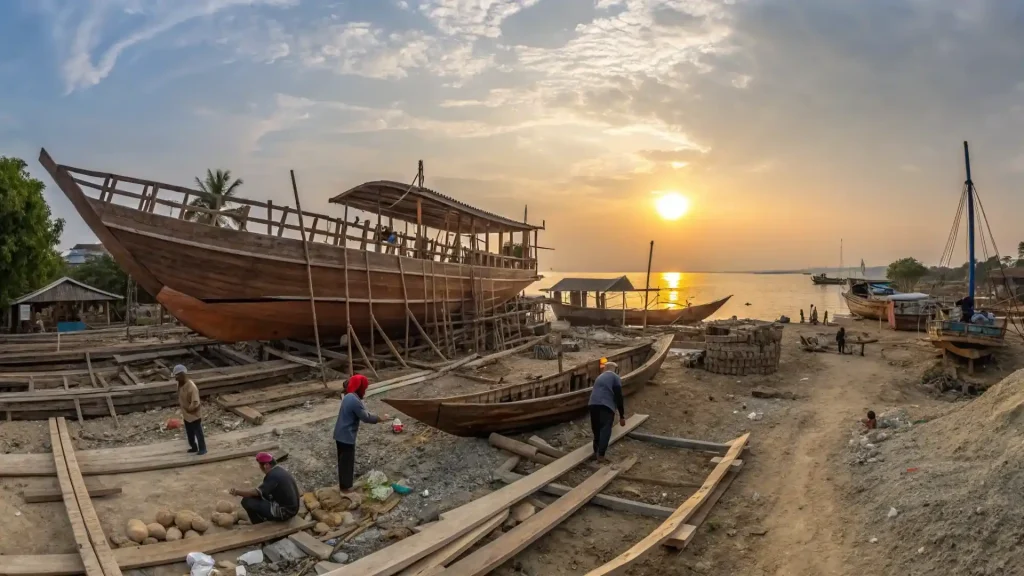 Phinisi hull under construction beneath scaffolding at a traditional beach boatyard