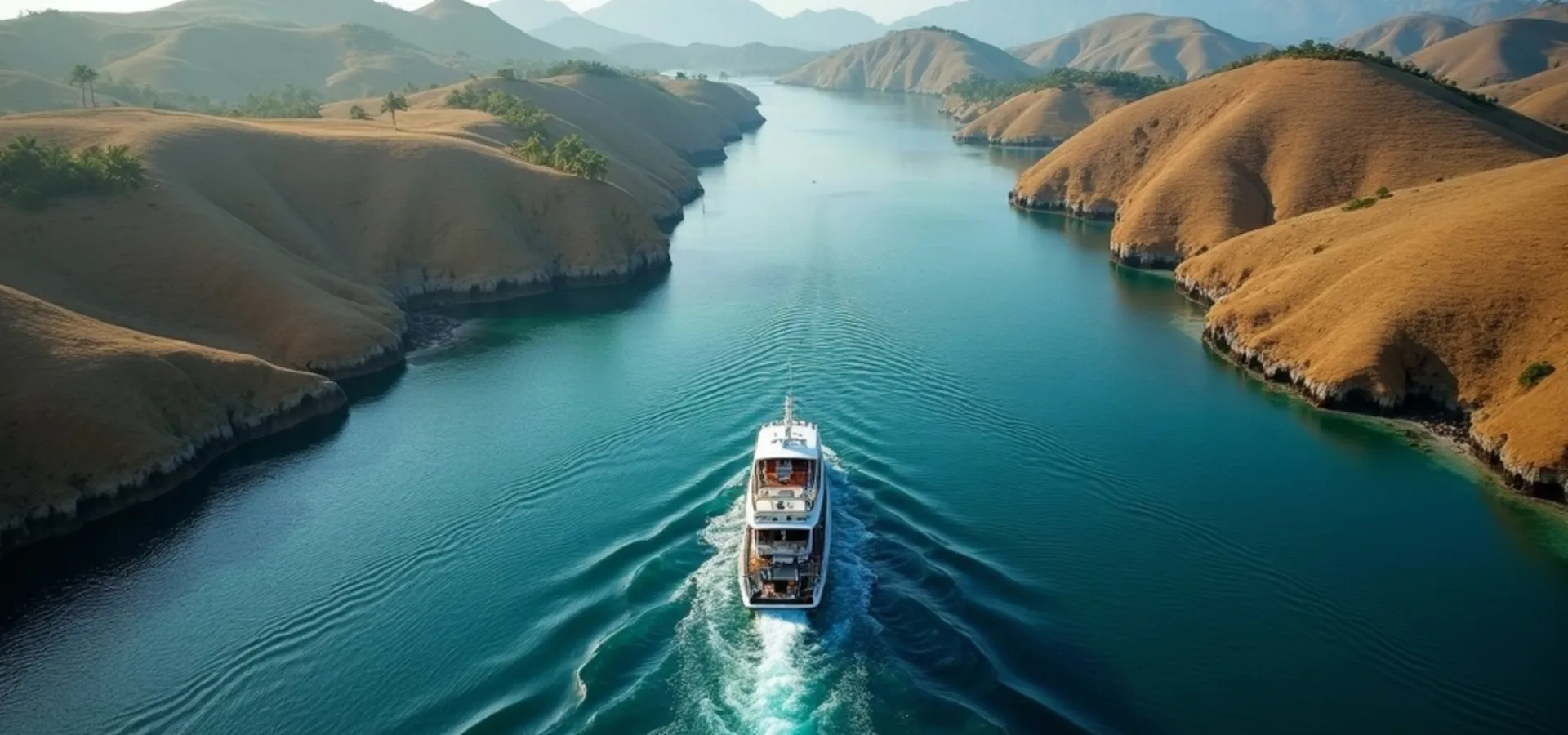 Liveaboard vessel under way in a narrow strait between dry savanna islands with visible tidal upwellings
