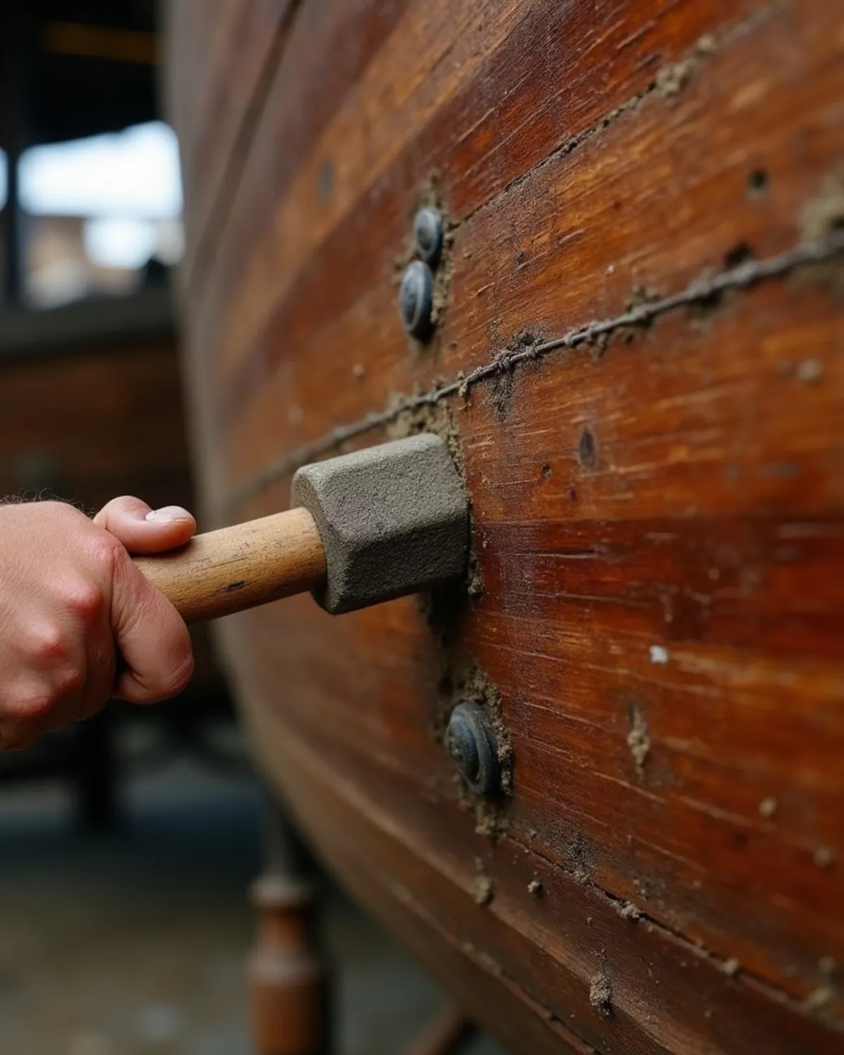 Freshly fitted planking against sawn frames on a wooden hull under refit, with a shipwright's chisel and mallet