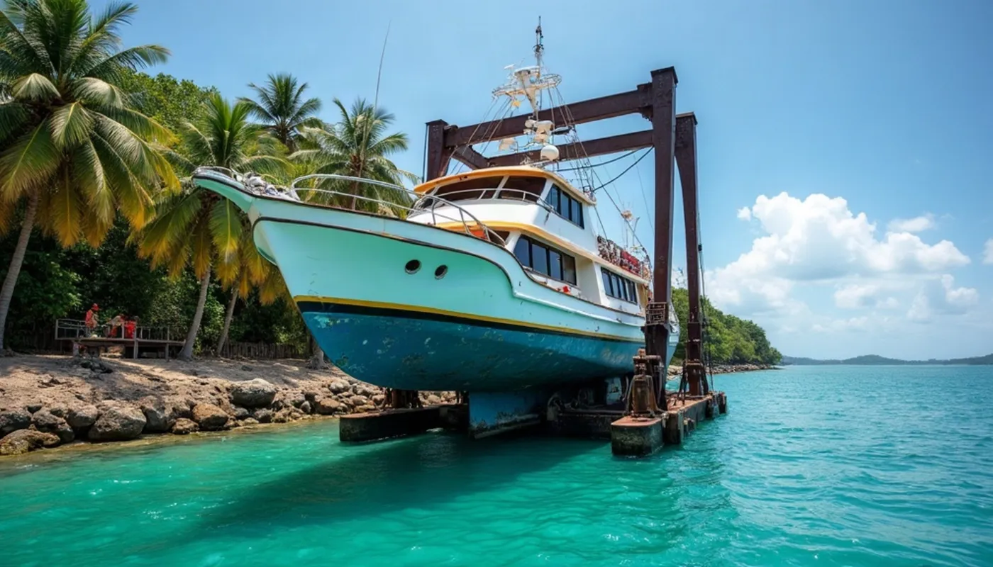 Dive liveaboard hauled out on a steel slipway cradle beside shallow turquoise water at a small eastern Indonesian harbour
